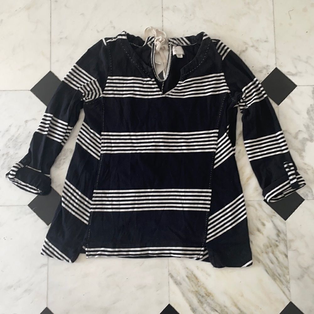 Anthropologie Postage Stamp Navy Blue and White Top